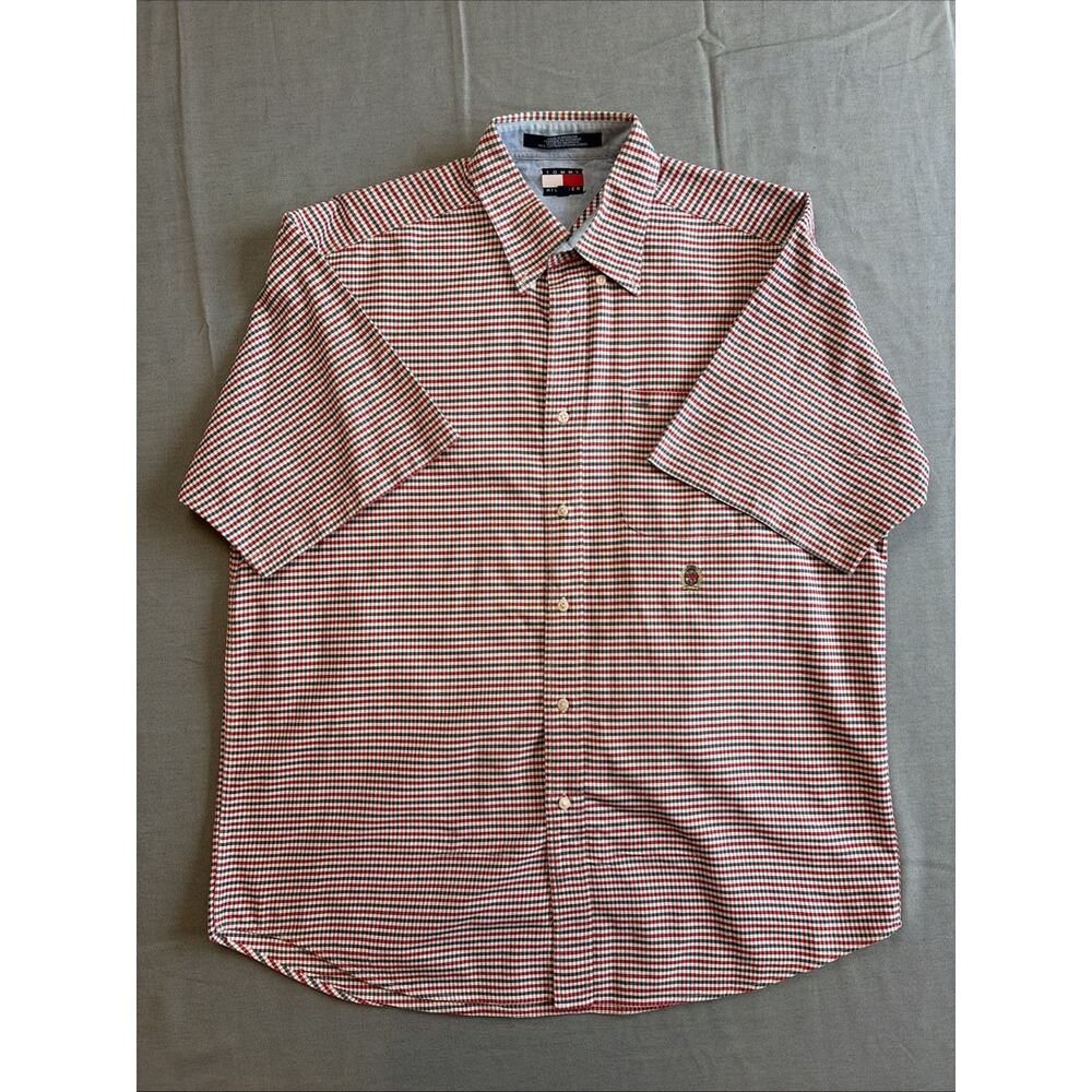 Vintage Tommy Hilfiger Shirt Mens Large Red Blue Pocket Button Up Lions Crest